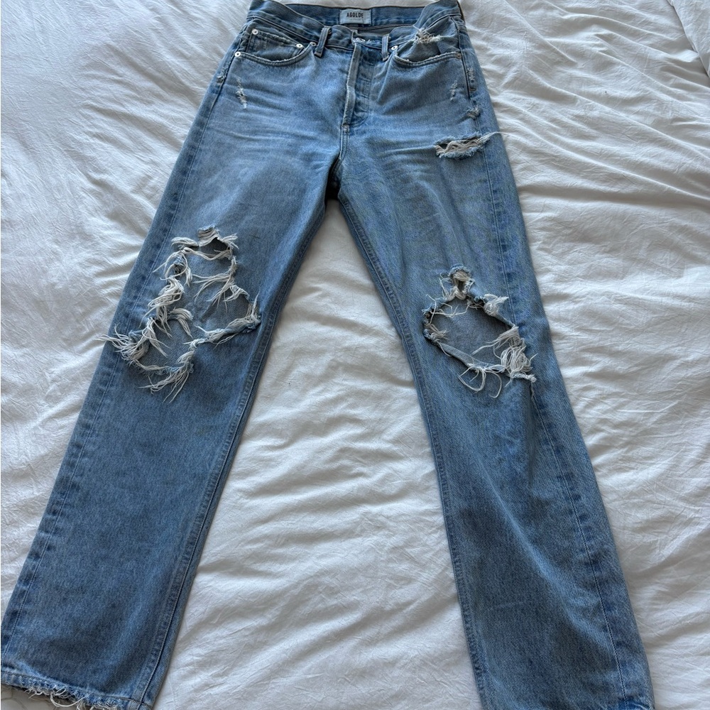 Agolde Blue Straight Leg Distressed Jeans